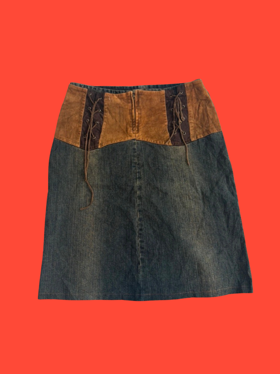 70s Inspired Suede & Denim Midi Skirt